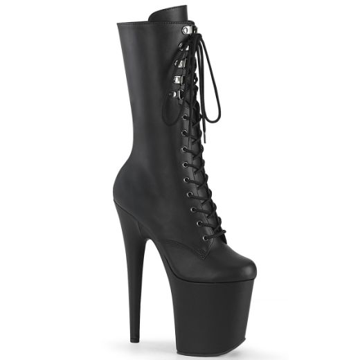 Product image of Pleaser FLAMINGO-1054 Blk Faux Leather/Blk Matte 8 Inch Heel 4 Inch PF Lace-Up Front Mid Calf Boot Side Zip