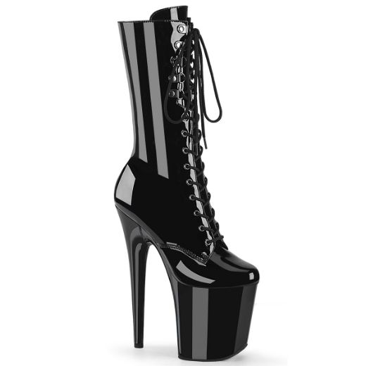 Product image of Pleaser FLAMINGO-1054 Blk Pat/Blk 8 Inch Heel 4 Inch PF Lace-Up Front Mid Calf Boot Side Zip