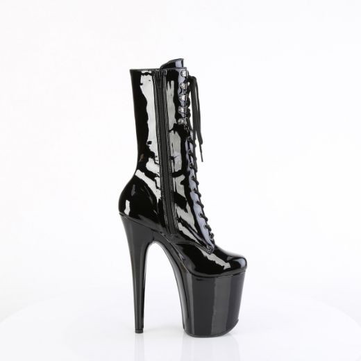 Product image of Pleaser FLAMINGO-1054 Blk Pat/Blk 8 Inch Heel 4 Inch PF Lace-Up Front Mid Calf Boot Side Zip