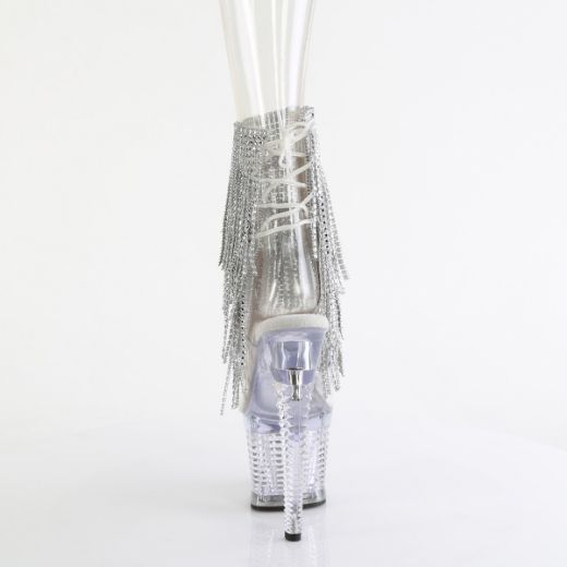 Product image of Pleaser SPECTATOR-1017RSF Clr-Slv/Clr 7 Inch Heel 3 Inch Textured PF Open Toe/Heel Lace-Up Fringe Ankle