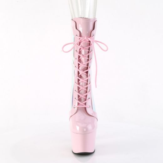 Product image of Pleaser ADORE-1047 B. Pink Pat-Holo/B. Pink 7 Inch Heel 2 3/4 Inch PF Lace-Up Front Anke Boot Back Zip