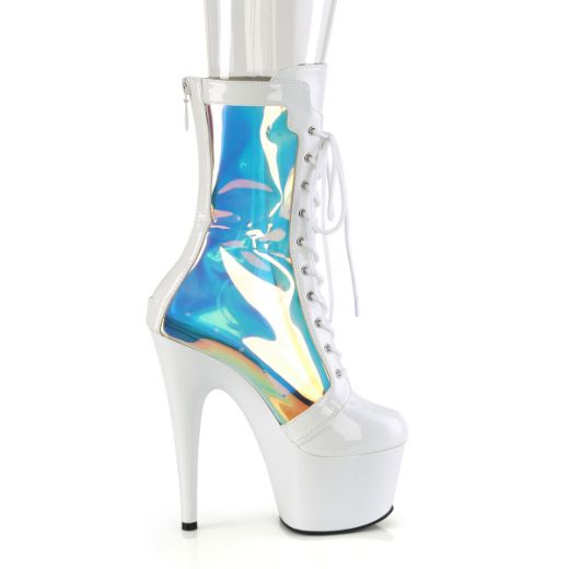 Product image of Pleaser ADORE-1047 Wht Pat-Holo/Wht 7 Inch Heel 2 3/4 Inch PF Lace-Up Front Anke Boot Back Zip