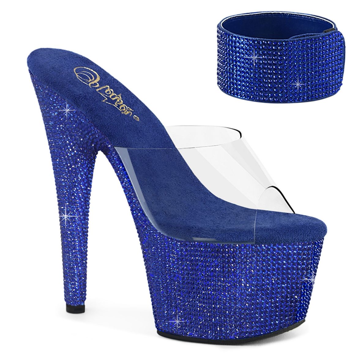 Product image of Pleaser BEJEWELED-712RS Clr/Royal Blue RS 7 Inch Heel 2 3/4 Inch PF RS Embellished Slide w/Matching Cuff