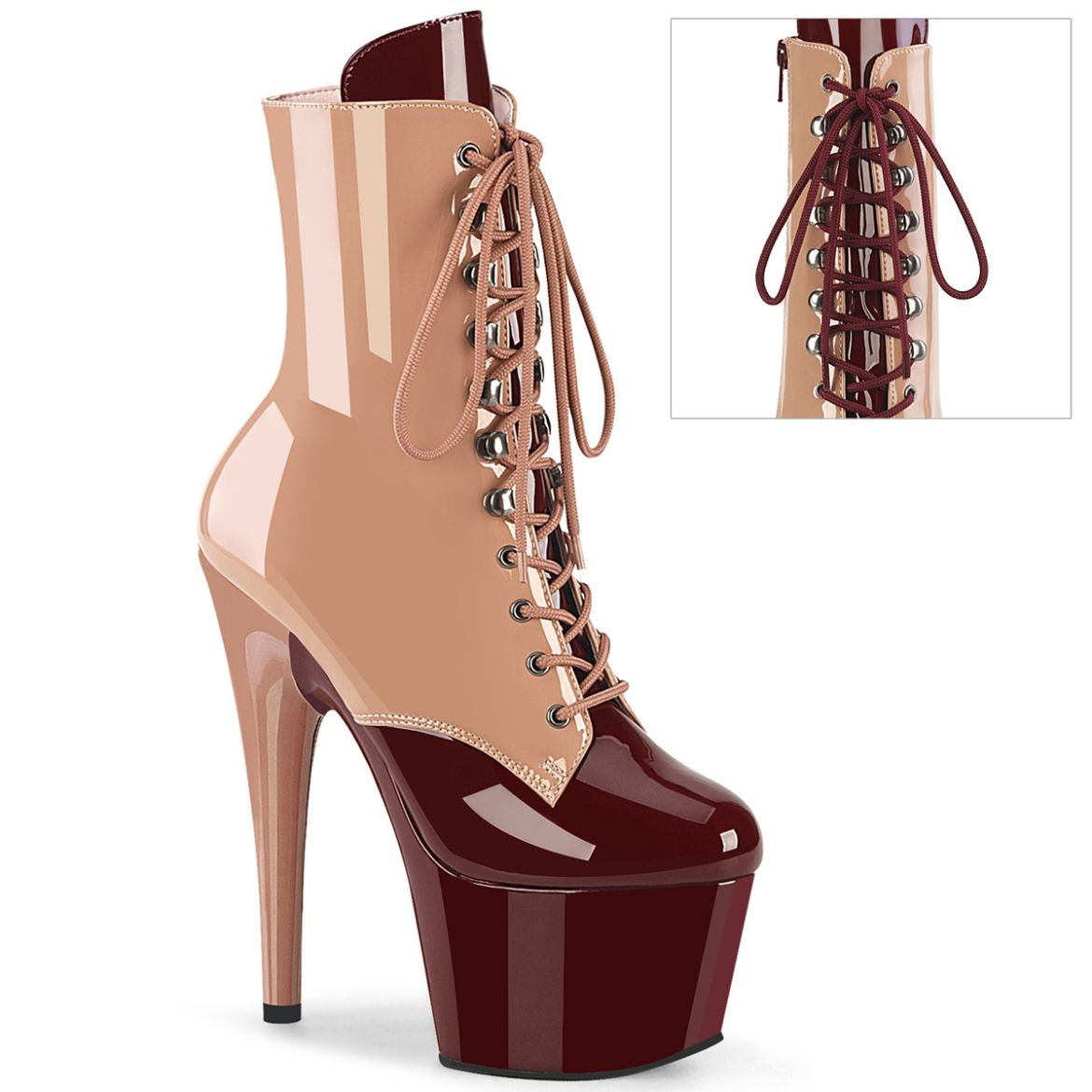 Product image of Pleaser ADORE-1020DC Blush-Burgundy Pat/M 7 Inch Heel 2 3/4 Inch PF Two Tone Lace-Up Ankle Boot Side Zip