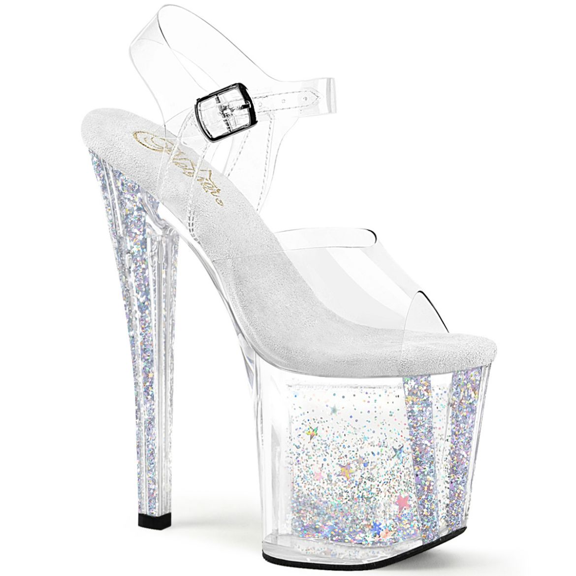 Product image of Pleaser ENCHANT-708AQUA-04 Clr/Clr-Slv Multi Glitter 8 Inch Heel 3 3/4 Inch PF Ankle Strap Sandal