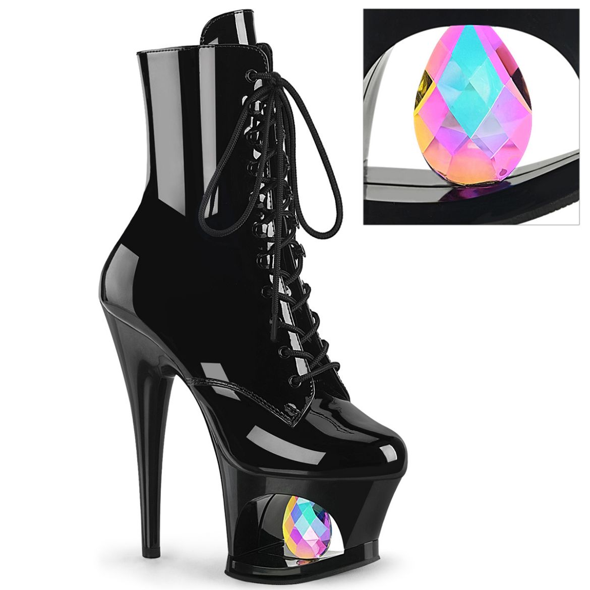 Product image of Pleaser MOON-1020DIA Blk Pat/Blk 7 Inch Heel 2 3/4 Inch Cut-Out PF Lace-Up Ankle Boot Side Zip