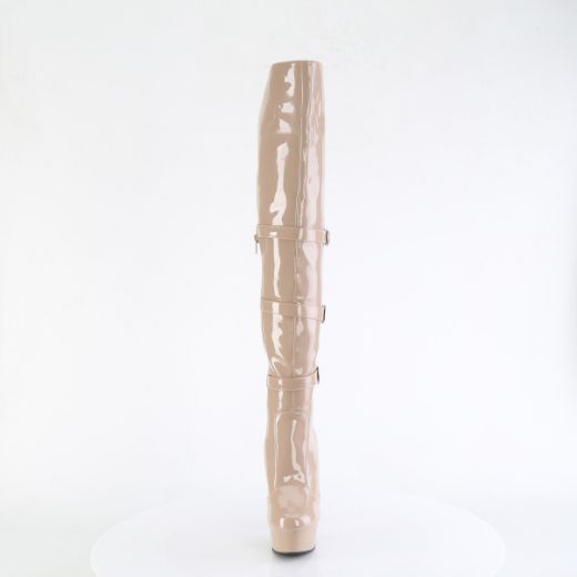 Product image of Pleaser DELIGHT-3018 Nude Str. Pat/Nude 6 Inch Heel 1 3/4 Inch PF Triple Buckle Strap OTK Boot Side Zip