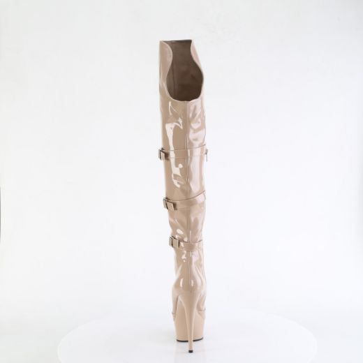 Product image of Pleaser DELIGHT-3018 Nude Str. Pat/Nude 6 Inch Heel 1 3/4 Inch PF Triple Buckle Strap OTK Boot Side Zip