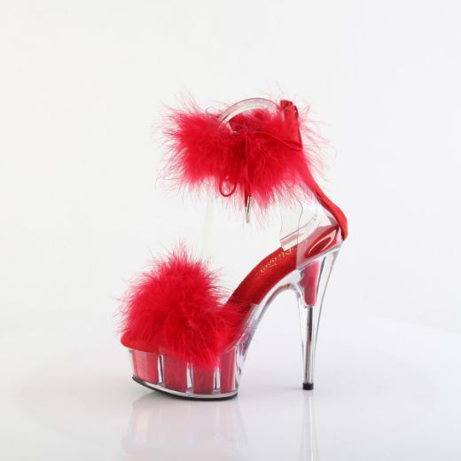 Product image of Pleaser DELIGHT-624F Clr-Red Fur/M 6 Inch Heel 1 3/4 Inch PF Marabou Fur Ankle Cuff Sandal Back Zip