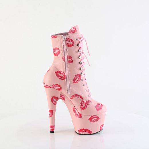 Product image of Pleaser ADORE-1020KISSES B. Pink Faux Leather/B. Pink Faux Leathe 7 Inch Heel 2 3/4 Inch PF Lace-Up Lips Print Ankle Boot Side Zip