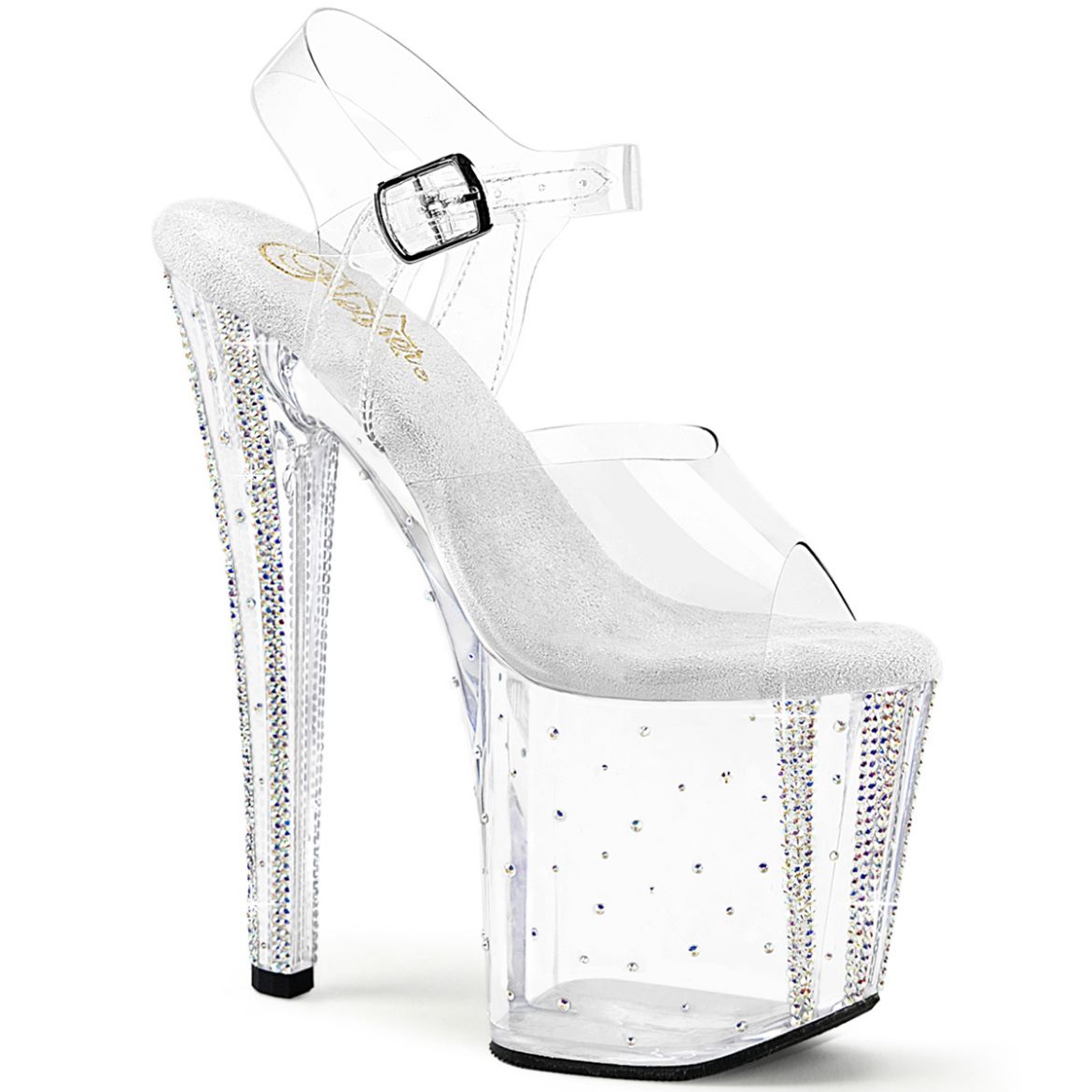 Product image of Pleaser ENCHANT-708RS-01 Clr/Clr-AB RS 8 Inch Heel 3 3/4 Inch PF Rhinestone Studded Ankle Strap Sandal