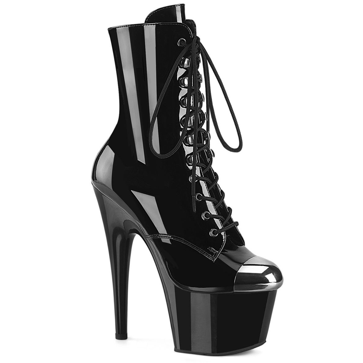 Product image of Pleaser ADORE-1020ESC Blk Pat/Blk 7 Inch Heel 2 3/4 Inch PF External Steel Cap Ankle Boot Side Zip
