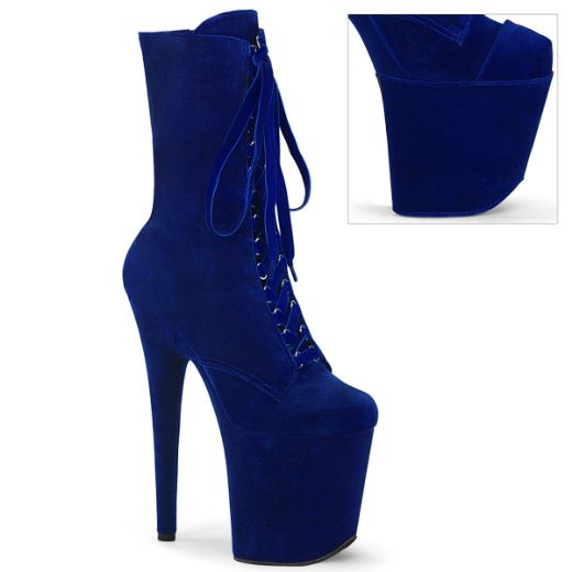 Product image of Pleaser FLAMINGO-1045VEL Navy Blue Velvet/Navy Blue Velvet 8 Inch Heel 4 Inch PF Velvet Lace-Up Front Ankle Boot