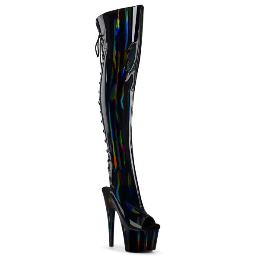 Product image of Pleaser ADORE-3019HWR Blk Str. Holo/Blk Holo 7 Inch Heel 2 3/4 InchPF Open Toe/Heel Over-The-Knee Boot Side Zip
