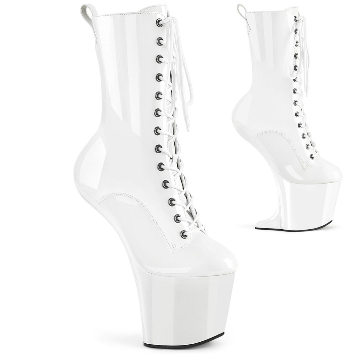 Product image of Pleaser CRAZE-1040 Wht Pat/Wht 8 Inch Heelless 3 Inch PF Lace-Up Front Ankle Boot Inside Zip