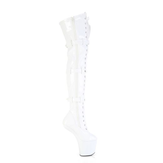 Product image of Pleaser CRAZE-3028 Wht Str. Pat/Wht 8 Inch Heelless 3 Inch PF Lace-Up Front Thigh Boot Side Zip