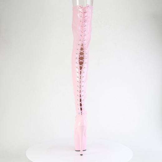 Product image of Pleaser ADORE-3850 B. Pink Str. Pat/B. Pink 7 Inch Heel 2 3/4 Inch PF Lace-Up Back Stretch Thigh Boot Side Zip