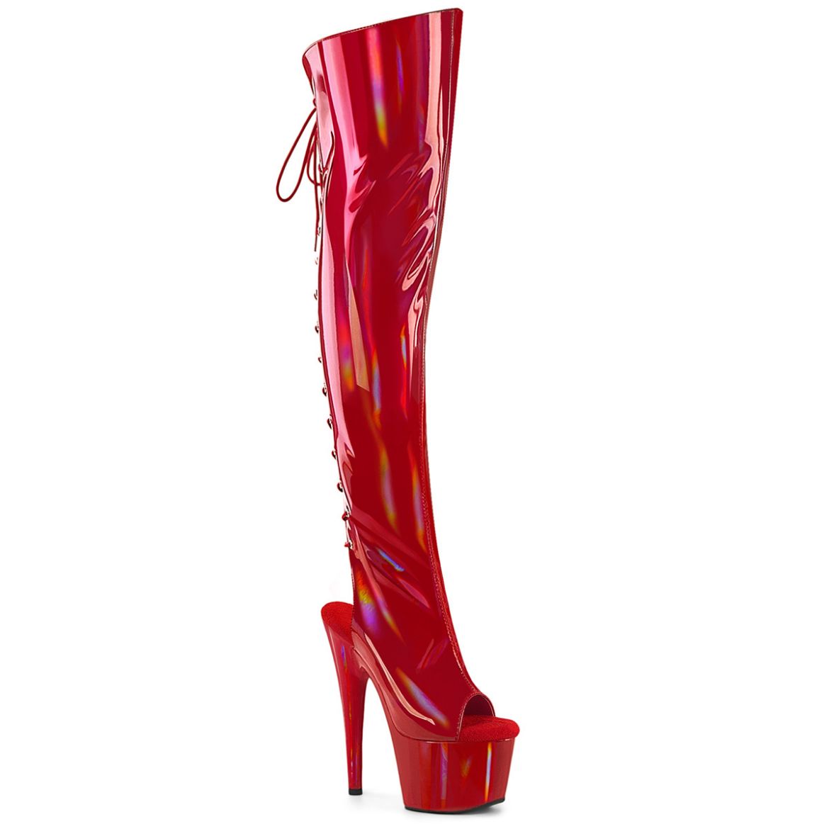 Product image of Pleaser ADORE-3019HWR Red Str. Holo/Red Holo 7 Inch Heel 2 3/4 InchPF Open Toe/Heel Over-The-Knee Boot Side Zip