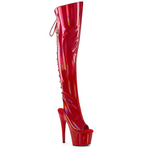 Product image of Pleaser ADORE-3019HWR Red Str. Holo/Red Holo 7 Inch Heel 2 3/4 InchPF Open Toe/Heel Over-The-Knee Boot Side Zip