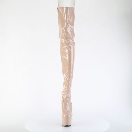 Product image of Pleaser ADORE-3850 Nude Str. Pat/Nude 7 Inch Heel 2 3/4 Inch PF Lace-Up Back Stretch Thigh Boot Side Zip