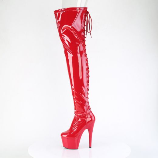 Product image of Pleaser ADORE-3850 Red Str. Pat/Red 7 Inch Heel 2 3/4 Inch PF Lace-Up Back Stretch Thigh Boot Side Zip