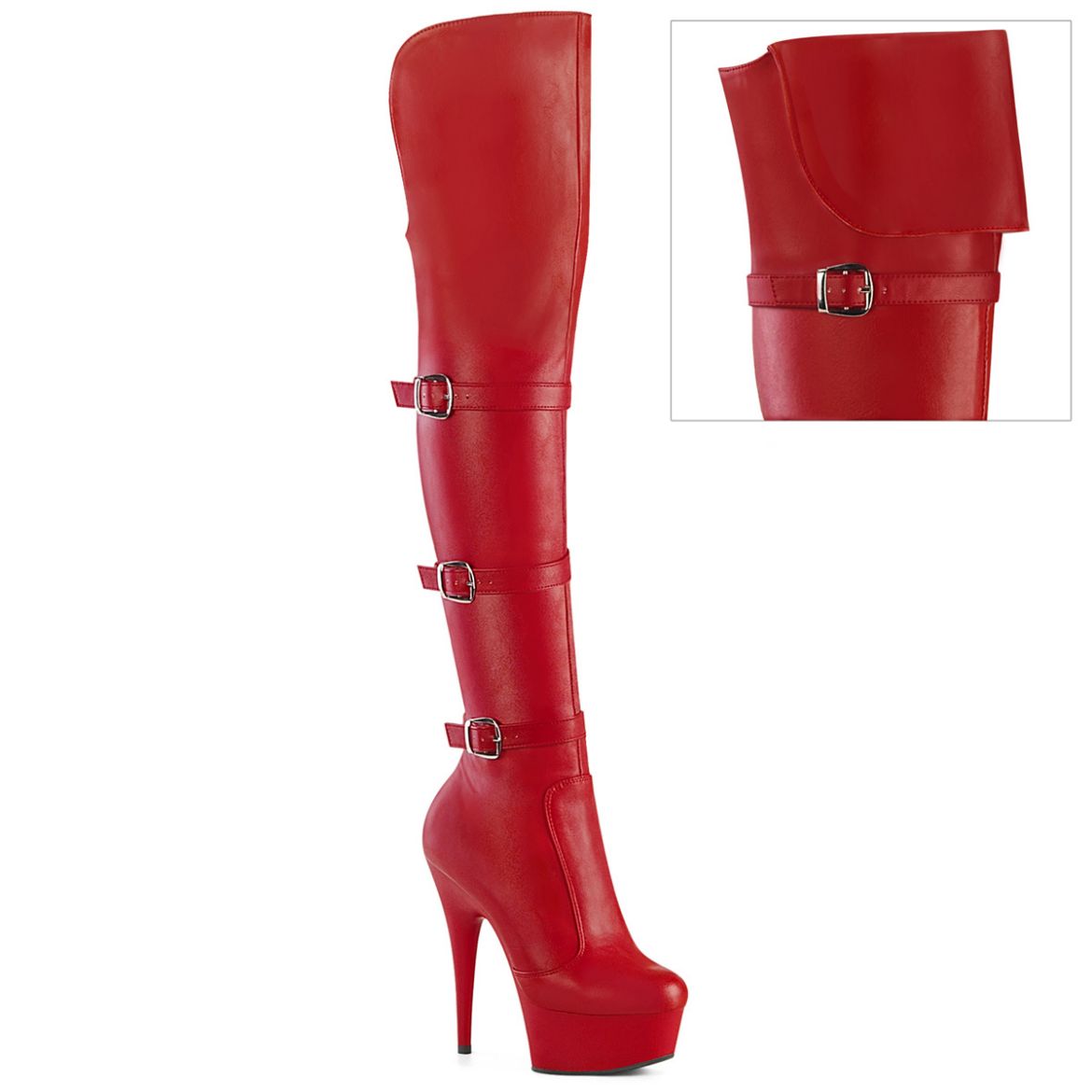 Product image of Pleaser DELIGHT-3018 Red Str. Faux Leather/Red Matte 6 Inch Heel 1 3/4 Inch PF Triple Buckle Strap OTK Boot Side Zip