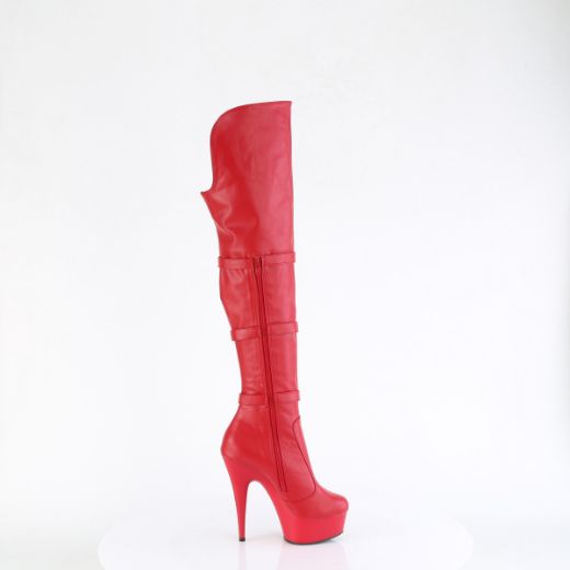 Product image of Pleaser DELIGHT-3018 Red Str. Faux Leather/Red Matte 6 Inch Heel 1 3/4 Inch PF Triple Buckle Strap OTK Boot Side Zip