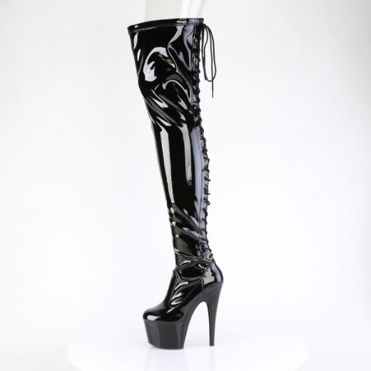 Product image of Pleaser ADORE-3850 Blk Str. Pat/Blk 7 Inch Heel 2 3/4 Inch PF Lace-Up Back Stretch Thigh Boot Side Zip