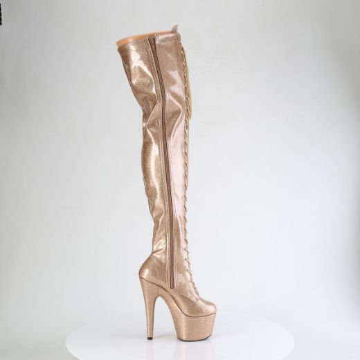Product image of Pleaser ADORE-3020GP Gold Glitter Pat/M 7 Inch Heel 2 3/4 Inch PF Lace-Up Stretch Thigh Boot Side Zip
