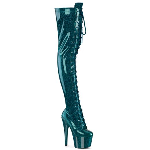 Product image of Pleaser ADORE-3020GP Teal Glitter Pat/M 7 Inch Heel 2 3/4 Inch PF Lace-Up Stretch Thigh Boot Side Zip