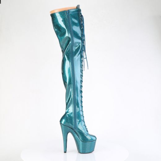 Product image of Pleaser ADORE-3020GP Teal Glitter Pat/M 7 Inch Heel 2 3/4 Inch PF Lace-Up Stretch Thigh Boot Side Zip