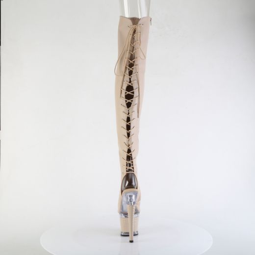 Product image of Pleaser SPECTATOR-3030 Nude Faux Leather/Clr-Nude Matte 7 Inch Heel 3 Inch Textured PF Lace-Up Back Thigh Boot Side Zip