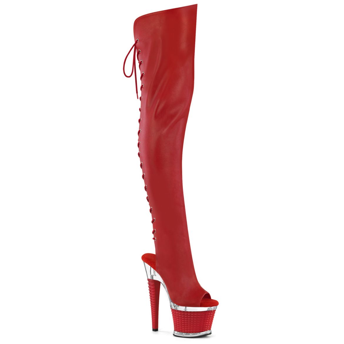 Product image of Pleaser SPECTATOR-3030 Red Faux Leather/Clr-Red Matte 7 Inch Heel 3 Inch Textured PF Lace-Up Back Thigh Boot Side Zip