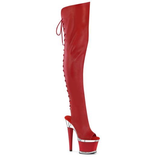 Product image of Pleaser SPECTATOR-3030 Red Faux Leather/Clr-Red Matte 7 Inch Heel 3 Inch Textured PF Lace-Up Back Thigh Boot Side Zip
