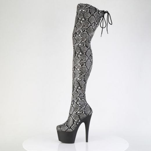 Product image of Pleaser ADORE-3008SP-BT Grey-Blk Snake Print/Blk Matte 7 Inch Heel 2 3/4 Inch PF Stretch Snake Print Pull-On Thigh Boot