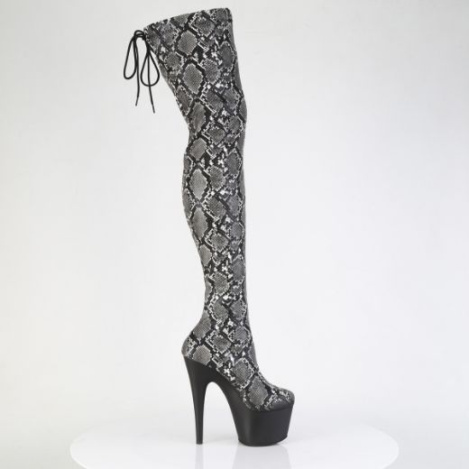 Product image of Pleaser ADORE-3008SP-BT Grey-Blk Snake Print/Blk Matte 7 Inch Heel 2 3/4 Inch PF Stretch Snake Print Pull-On Thigh Boot