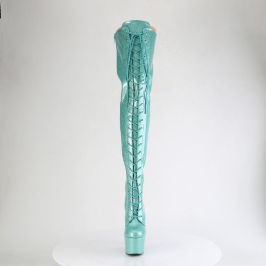 Product image of Pleaser ADORE-3020GP Aqua Glitter Pat/M 7 Inch Heel 2 3/4 Inch PF Lace-Up Stretch Thigh Boot Side Zip