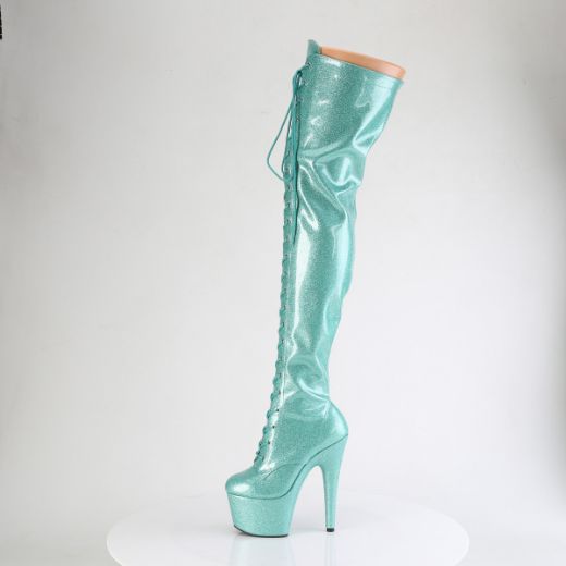 Product image of Pleaser ADORE-3020GP Aqua Glitter Pat/M 7 Inch Heel 2 3/4 Inch PF Lace-Up Stretch Thigh Boot Side Zip