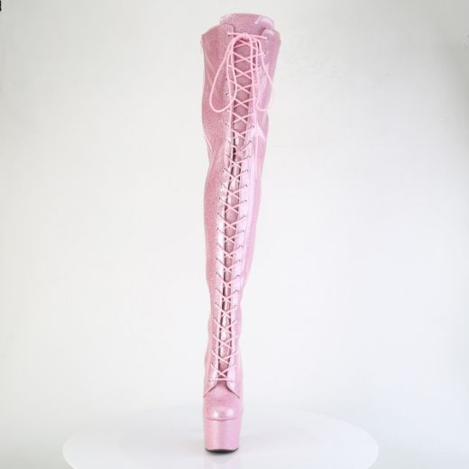 Product image of Pleaser ADORE-3020GP B. Pink Glitter Pat/M 7 Inch Heel 2 3/4 Inch PF Lace-Up Stretch Thigh Boot Side Zip
