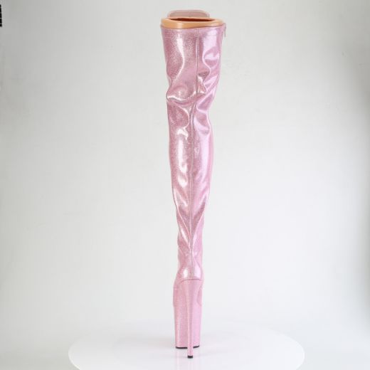 Product image of Pleaser FLAMINGO-3020GP B. Pink Glitter Pat/M 8 Inch Heel 4 Inch PF Lace-Up Stretch Thigh Boot Side Zip