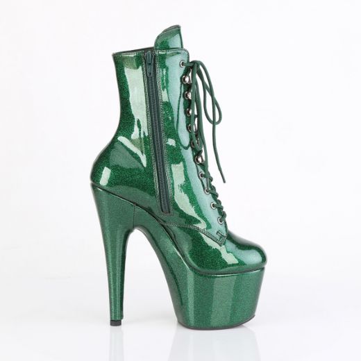Product image of Pleaser ADORE-1020GP Emerald Green Glitter Pat/M 7 Inch Heel 2 3/4 Inch PF Lace-Up Front Ankle Boot Side Zip