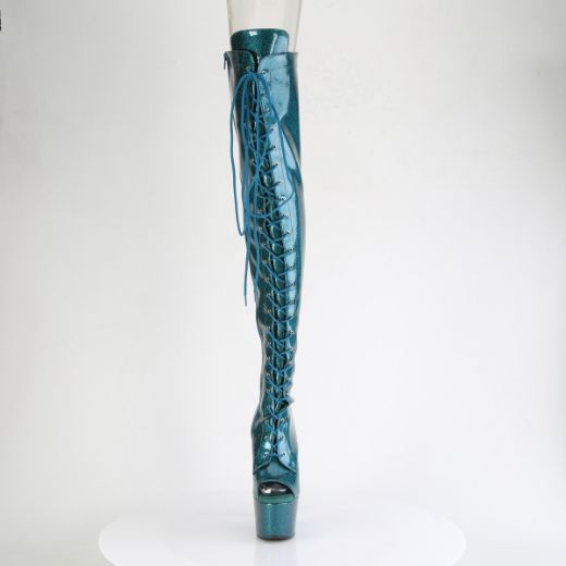 Product image of Pleaser ADORE-3021GP Teal  Glitter Pat/M 7 Inch Heel 2 3/4 Inch PF Peep Toe Lace-Up Thigh Boot Side Zip