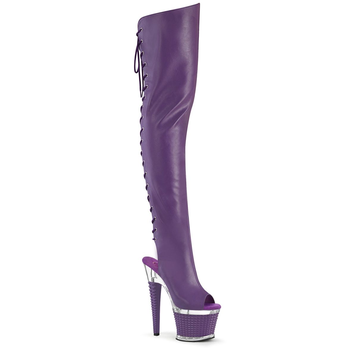 Product image of Pleaser SPECTATOR-3030 Purple Faux Leather/Clr-Purple Matt 7 Inch Heel 3 Inch Textured PF Lace-Up Back Thigh Boot Side Zip
