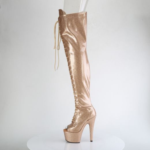 Product image of Pleaser ADORE-3021GP Gold Glitter Pat/M 7 Inch Heel 2 3/4 Inch PF Peep Toe Lace-Up Thigh Boot Side Zip