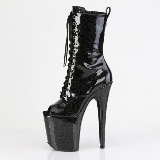 Product image of Pleaser FLAMINGO-1041GP Blk Glitter Pat/M 8 Inch Heel 4 Inch PF Peep Toe Lace-Up Ankle Boot Side Zip