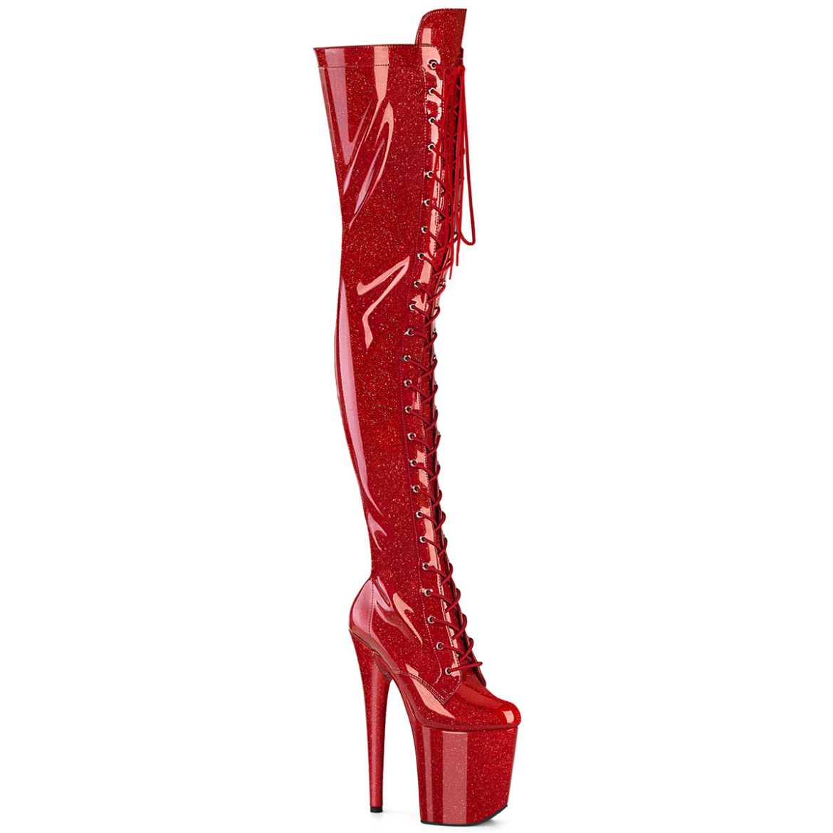 Product image of Pleaser FLAMINGO-3020GP Red Glitter Pat/M 8 Inch Heel 4 Inch PF Lace-Up Stretch Thigh Boot Side Zip