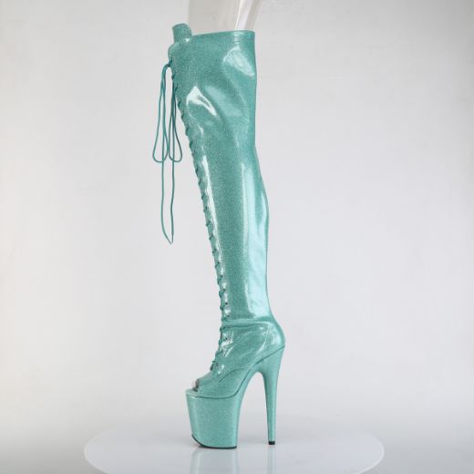 Product image of Pleaser FLAMINGO-3021GP Aqua Glitter Pat/M 8 Inch Heel 4 Inch PF Peep Toe Lace-Up Thigh Boot Side Zip