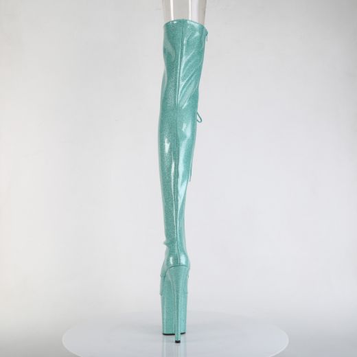 Product image of Pleaser FLAMINGO-3021GP Aqua Glitter Pat/M 8 Inch Heel 4 Inch PF Peep Toe Lace-Up Thigh Boot Side Zip