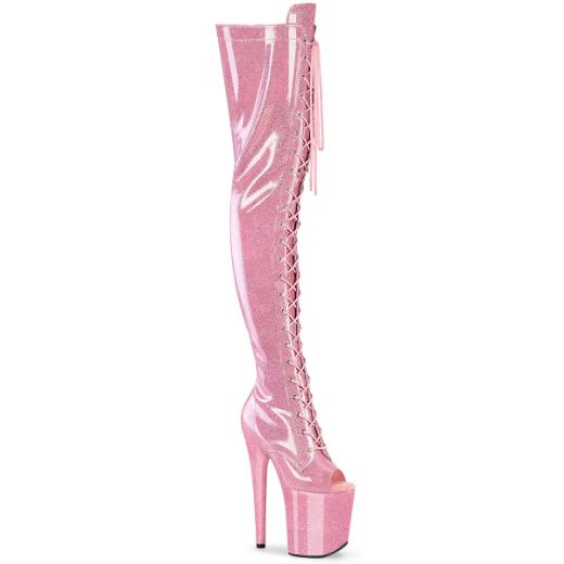 Product image of Pleaser FLAMINGO-3021GP B. Pink Glitter Pat/M 8 Inch Heel 4 Inch PF Peep Toe Lace-Up Thigh Boot Side Zip