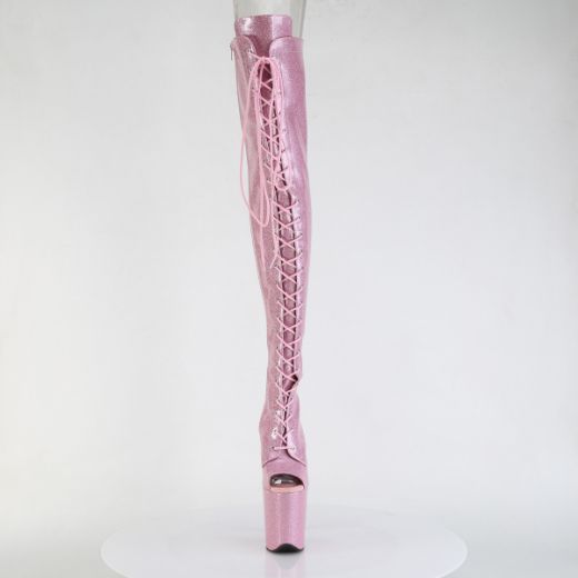 Product image of Pleaser FLAMINGO-3021GP B. Pink Glitter Pat/M 8 Inch Heel 4 Inch PF Peep Toe Lace-Up Thigh Boot Side Zip
